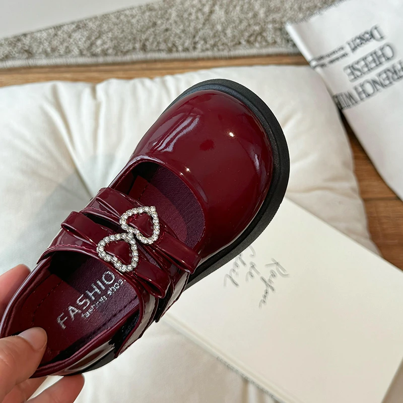 Children Leather Shoes for Spring Wine Red Black Elegant Girl's Mary Janes Chunky Hook-loop Beautiful Comfy Kids Shoe 26-36