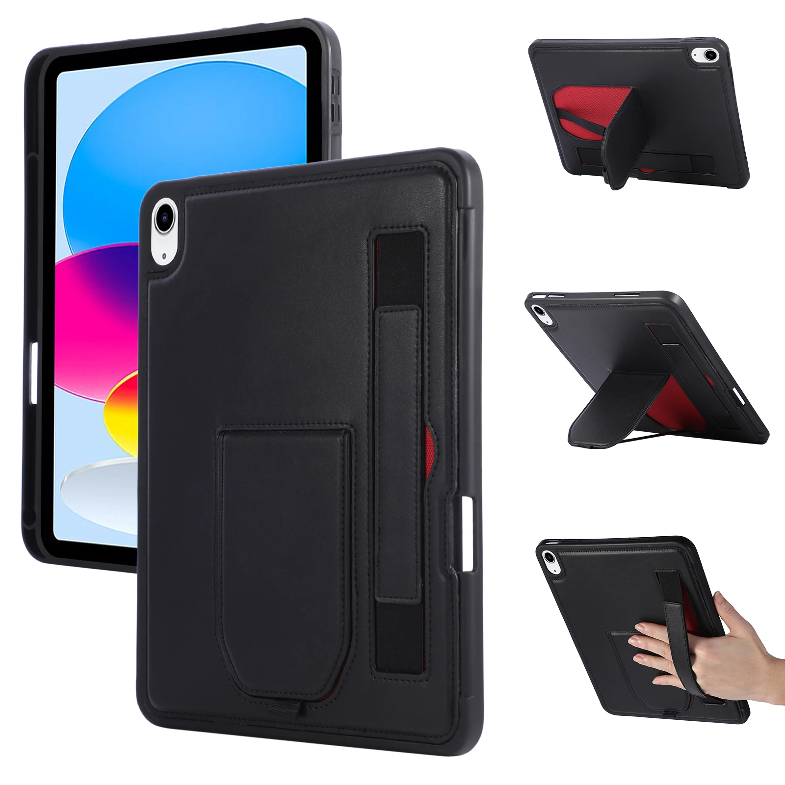 

For iPad (2025) / 10.9 (2022) Case Kickstand PU + TPU Tablet Cover with Wristband / Pen Slot - Black
