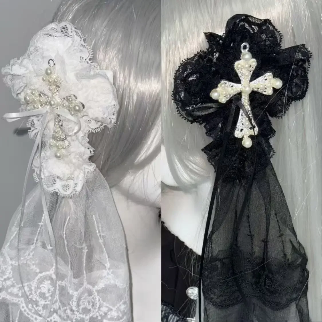 Lolita Girl Retro Cross Barrette for Women Gothic Punk Black White Cross Hair Clip with Lace Veil Y2K Dark Style Hair Accessory