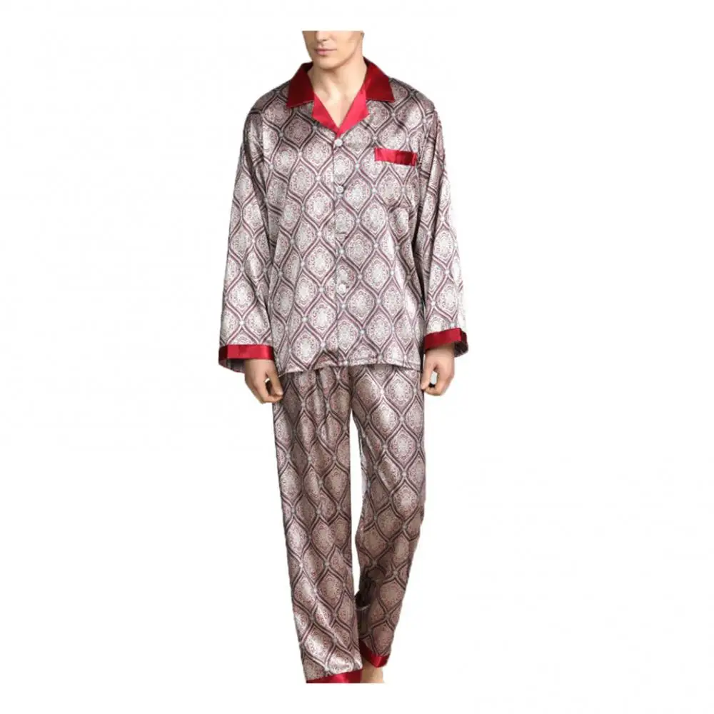 

Sleepwear Long Pants Imitation Silk Print Men Summer Pajama Set Shirt Nightwear