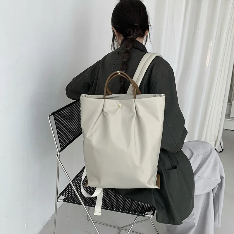 

Waterproof Nylon Tote Bag With Leather Handle Japanese Minimalist Shoulder Bag Women Large Capacity Convertible Backpack Handbag