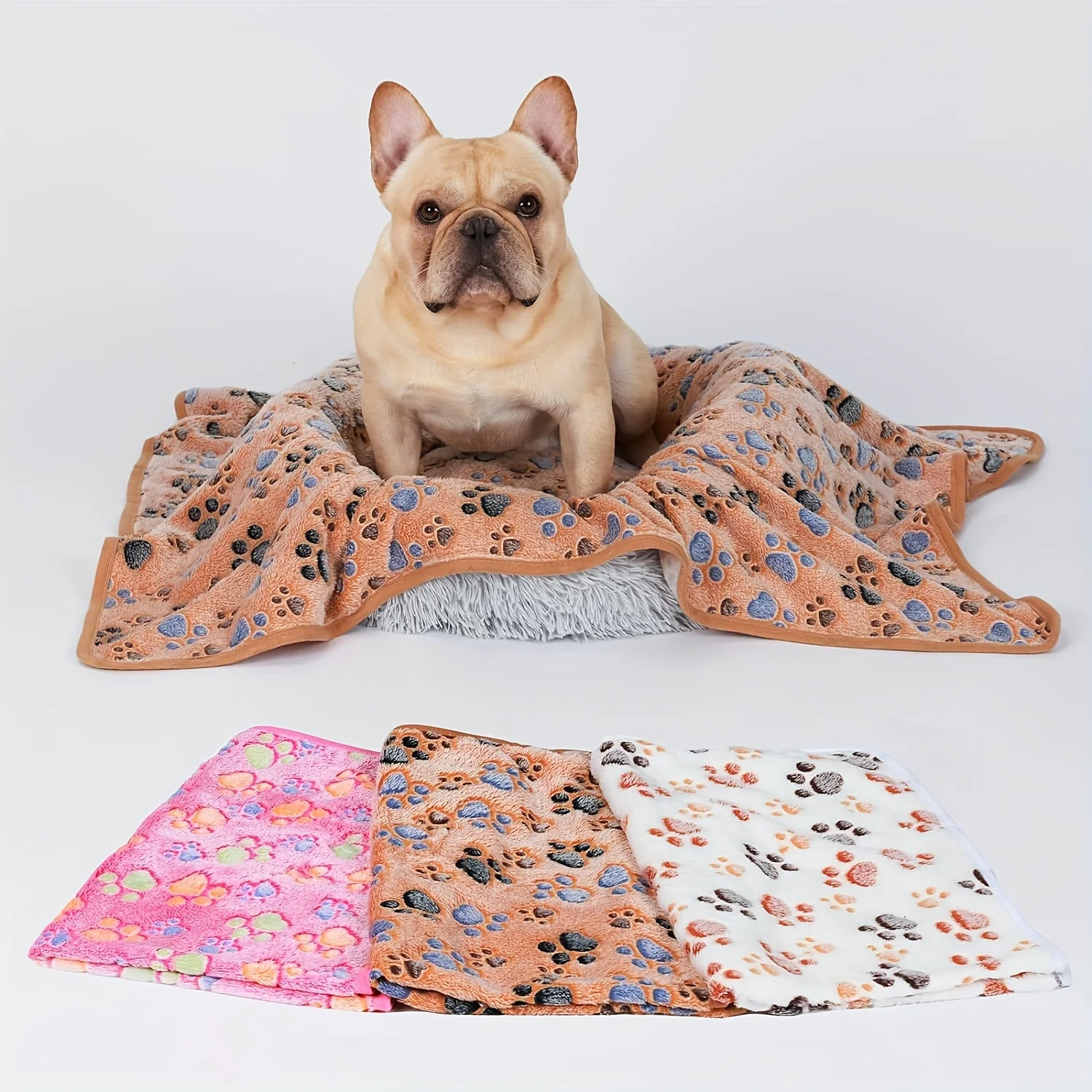 3-Piece Ultra-Soft Fleece Pet Blankets For Dogs & Cats - Cozy, Machine Washable Paw Print Design In Brown, Pink, White