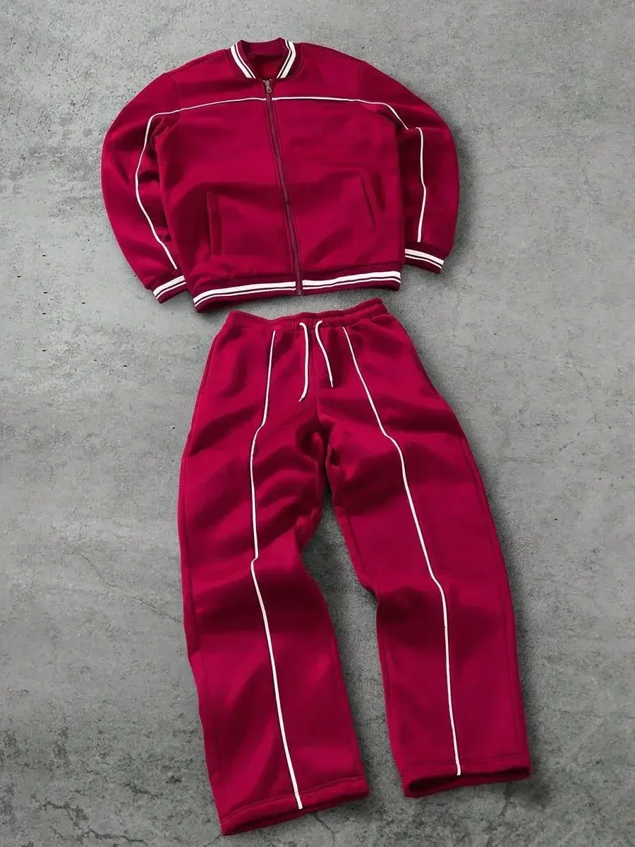 Mens Burgundy Striped Track Jacket And Pants Set Casual Sportswear
