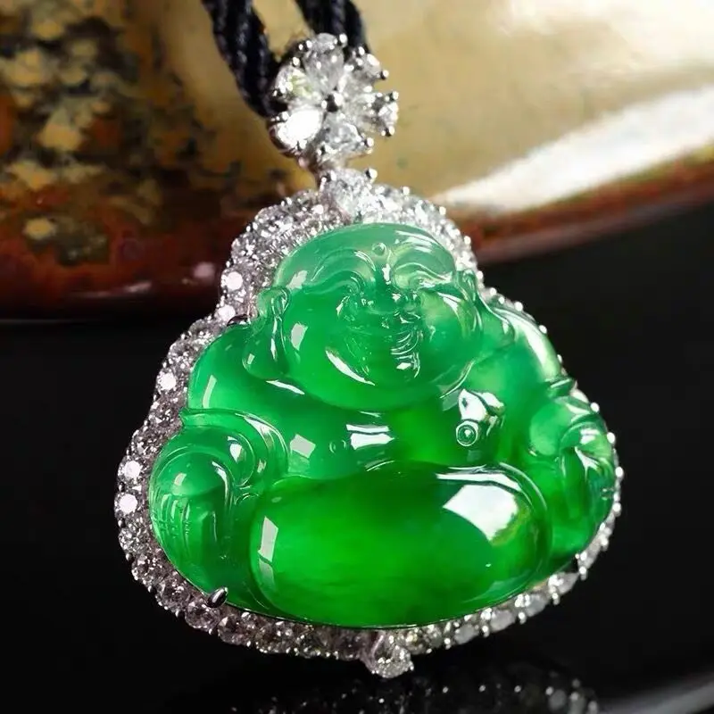 Ice-type bright floral-patterned fully smiling Buddha inlaid pendant imperial green jade Bud
