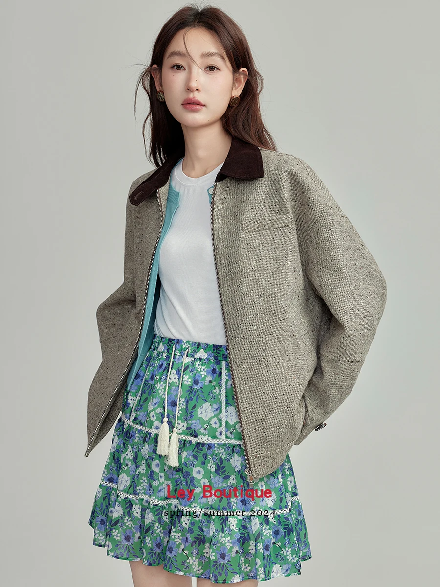 

Ley Vintage Wool Plaid Skirt Dr Women's Early Spring ort Jaet Coat Original Design Loose Fit Long Sve Zipper