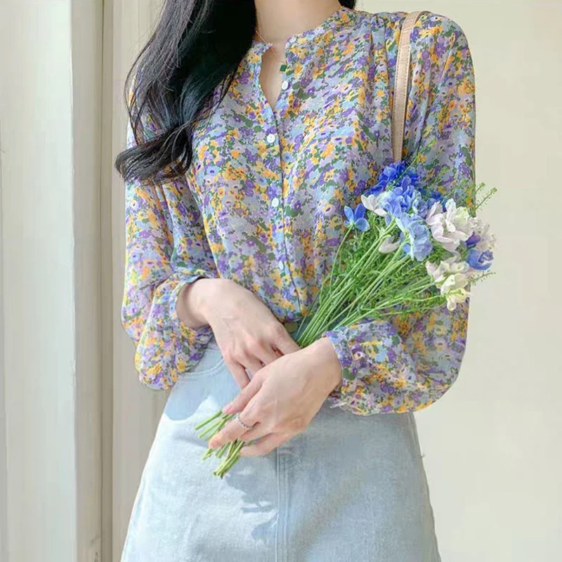 Floral Print Women Chiffon Shirts Korean Elegant Loose Long Sleeve Female Blouse Autumn Retro All Match Ladies Tops