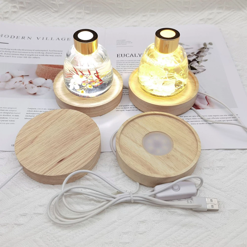 Round Wooden LED Light Base Resin Crystal Glass Art Ornament Holder Bedroom Night Light Rotating Display Stand Night Lamp Base