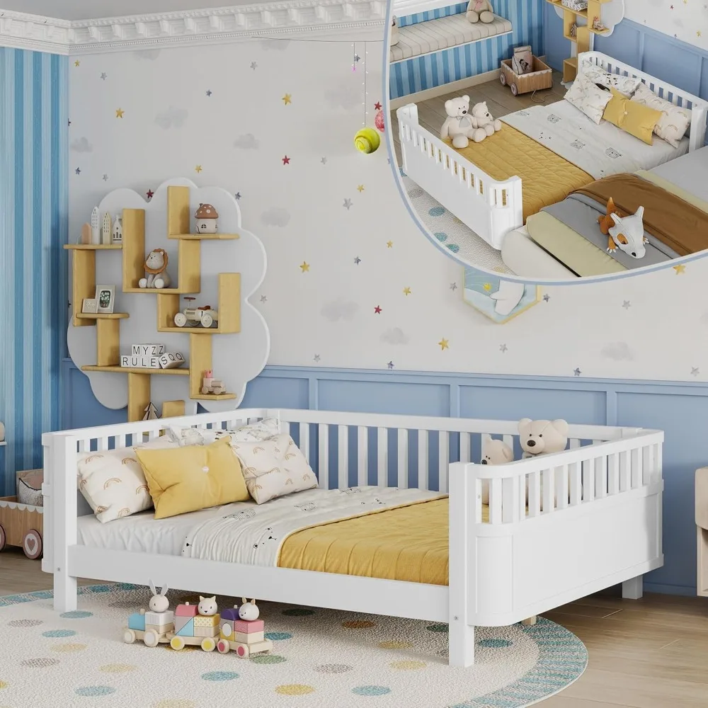 Cama para niños de tamaño completo con rieles, cama nido de madera para niños con rieles de seguridad desmontables y esquinas redondeadas, marco de cama Montessori
