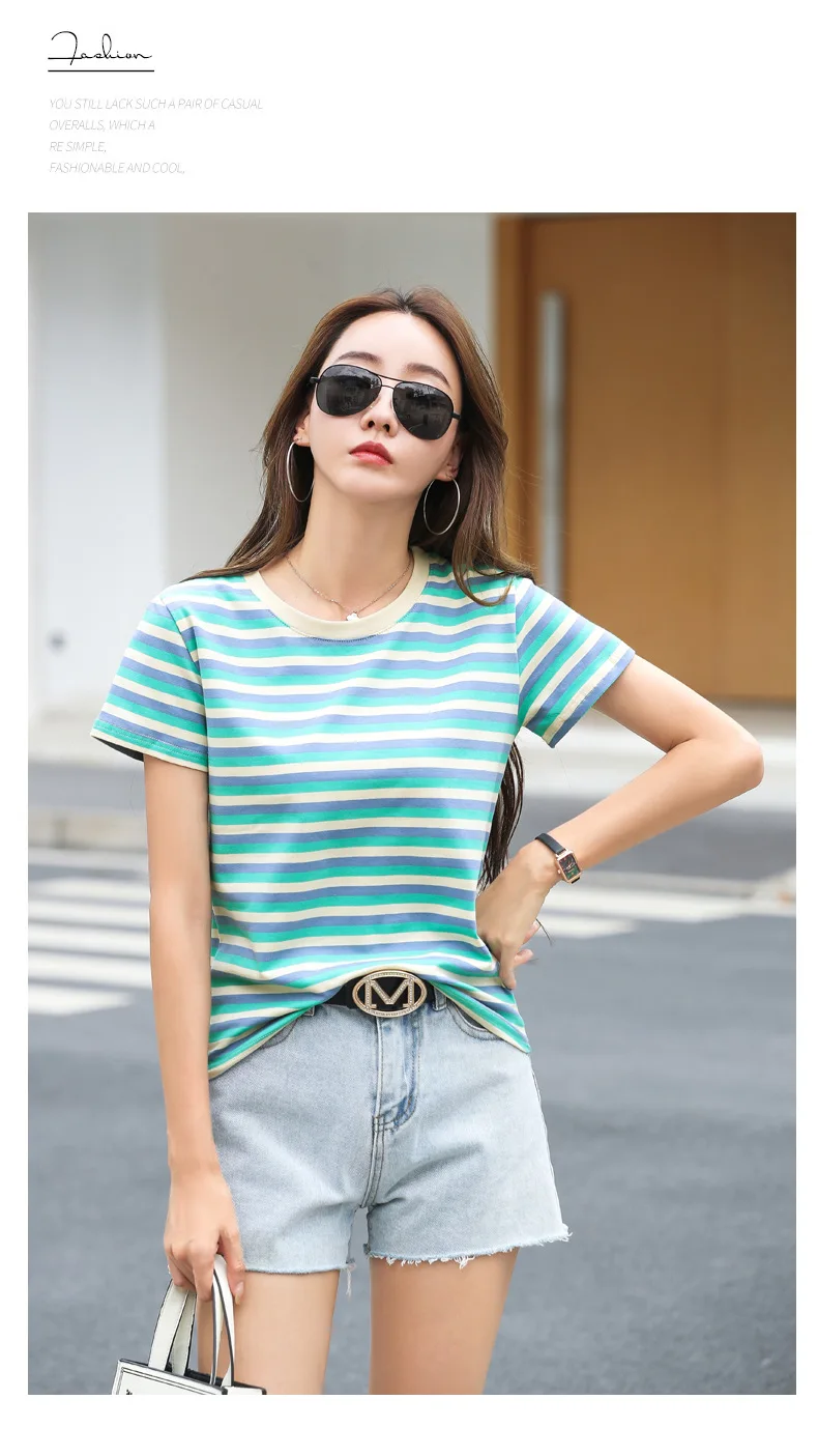Damen Sommer T-Shirt mit Streifenmuster, kurze Ärmel, neu, schlankmachend, lockere Passform, halblange Ärmel, lässiges Basic-Oberteil – Detail 17