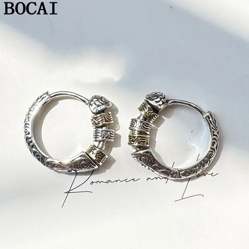 

Серьги BOCAI NEW S925 из серебра в ретро-стиле с узором в виде травы, двухцветные, подарки для мужчин и женщин