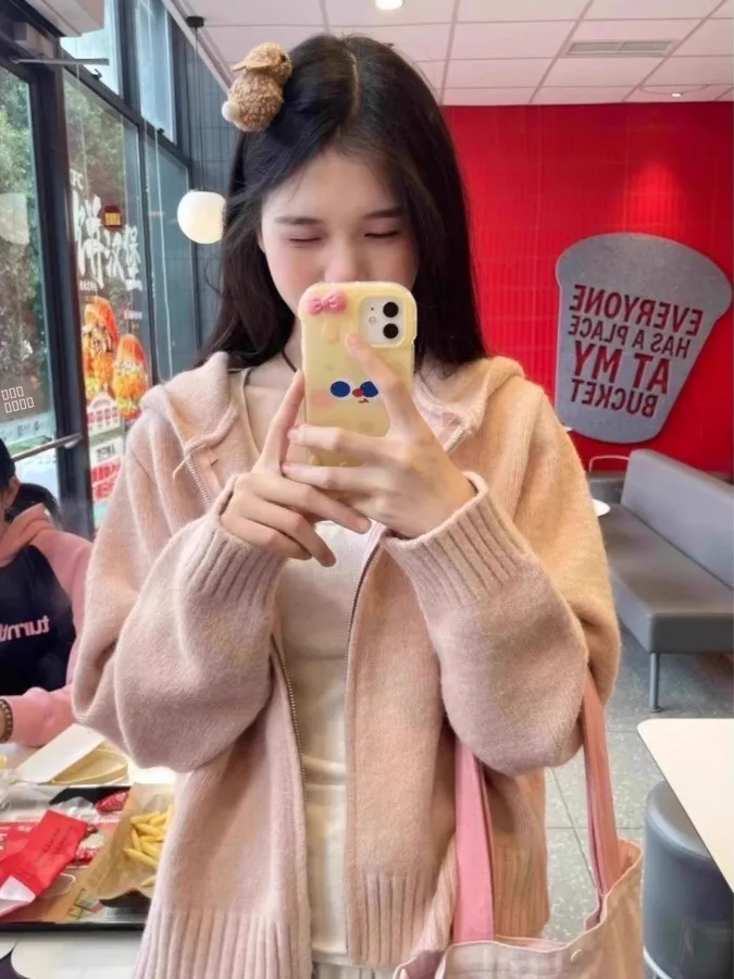

Pink Hooded Knitwear ort Women's Sle Lazy Faion Early Spring Sweater Cardigan Outerwear Straight Tube Long Sve Zipper