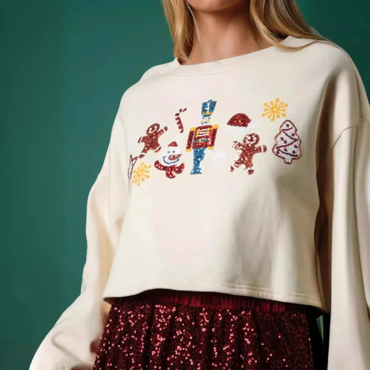 Women Christmas Nutcracker Sweatshirt Pullover 2024 New Year Wear Sequins Versatile Top Cartoon Soldier White Sweater For Women