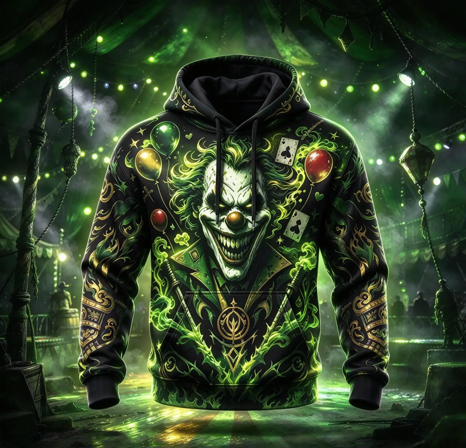Men Halloween Fleece Lined Hoodie Evil Clown Circus Balloon Poker Print Pullover Winter Sweatshirt