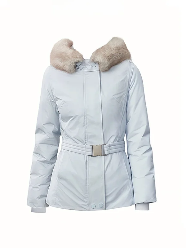 

Thiened White Du down Snowboard Jaet Light Blue with Belt Warm Outerwear Korean Sle Long Sve Zipper Closure Coat