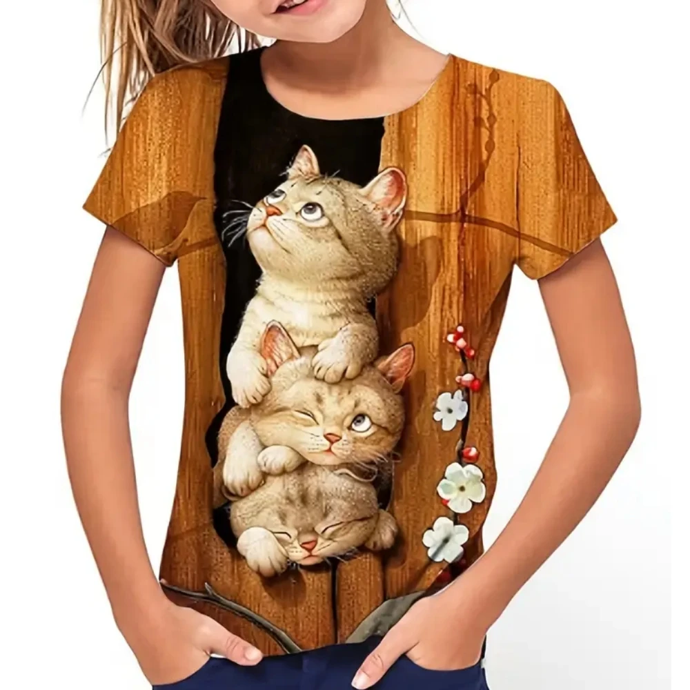 Mädchenkleidung, süße Katze, kurze Ärmel, grafische T-Shirts, 3D-Druck, Sommer-Outdoor-Kleidung für Kinder, Tops, T-Shirt für Mädchen, 2–10 Jahre – Detail 7