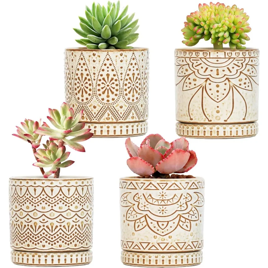 

4 Inch Small Indoor Succulent Ceramic Planter Pot with Drainage Holes and Saucers for Plants Birthday for Women Mom