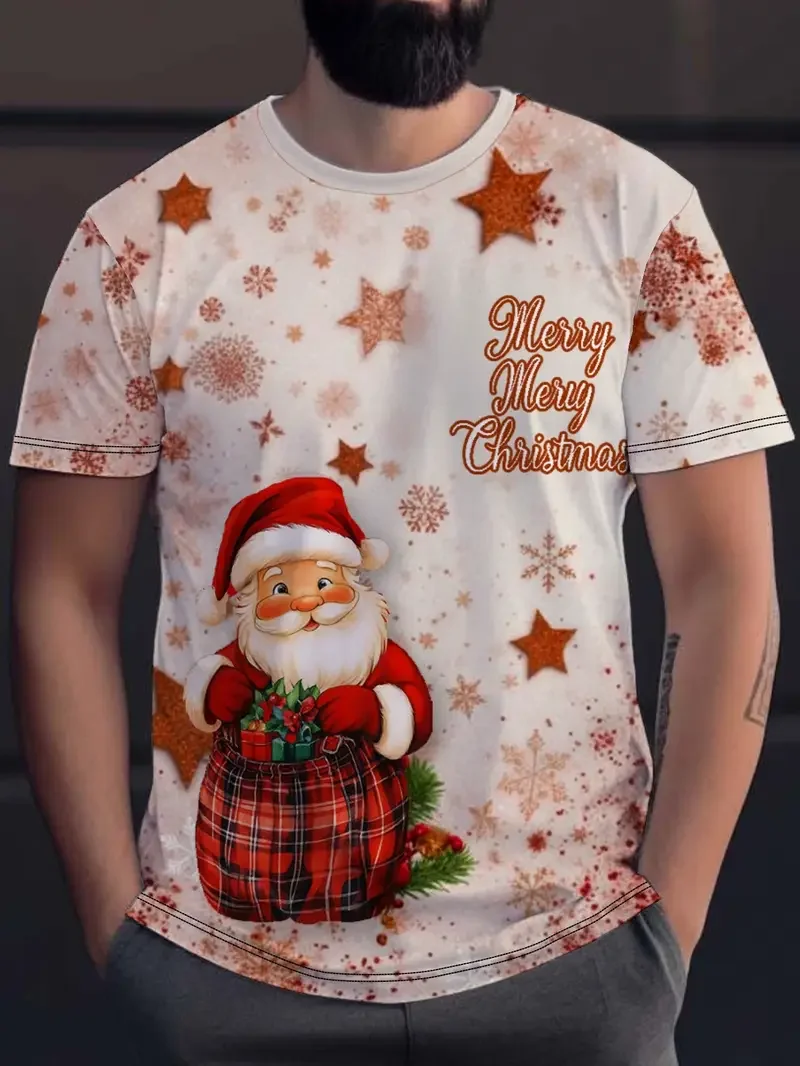 

Men'S Festive Christmas Graphic T-Shirt -Comfortable And Versatile Casual Short Sleeve Tee Santa, Reindeer, And Snowflake Design