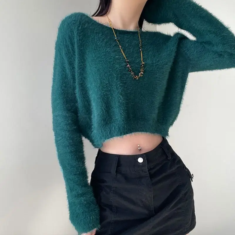 Knitted Sweater Solid Color Furry Round Neck European And American Temperament Women'S Winter Bottoming Hot Girl Short Top