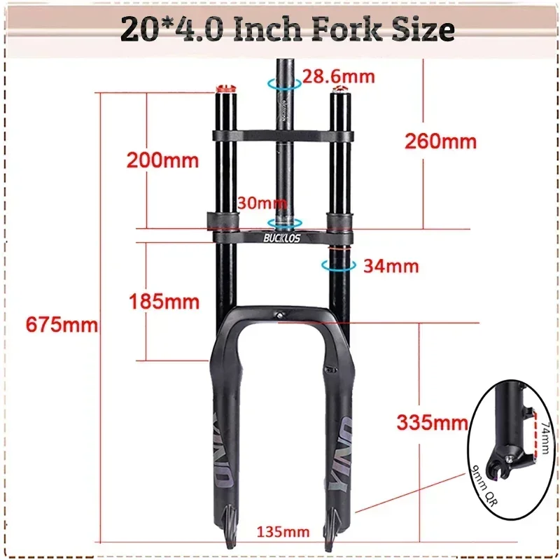 BUCKLOS Snow Bike Rim Suspension Fork 20/26 Inch Double Shoulder Suspension Fat Tire Fork Quick Release QR MTB Bicycle Fork