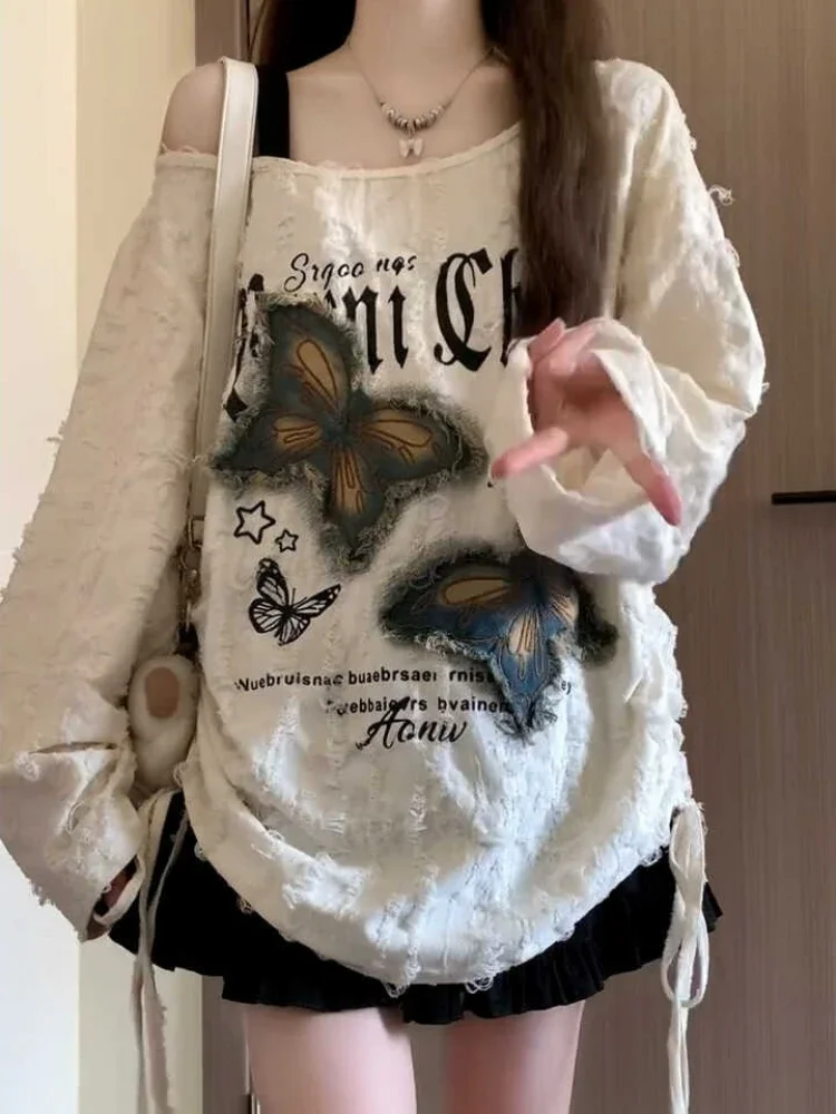 تي شيرت حريمي مرقع ممزق أمريكي عتيق أنيق مكشوف الأكتاف فضفاض مناسب كل مباراة كسول حلو حار بنات الخريف شخصية