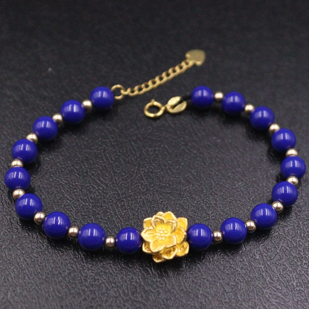 999 Pure 24k Yellow Gold Lotus Bracelet Women's Lapis Lazuli Bead 18K Link 7inch