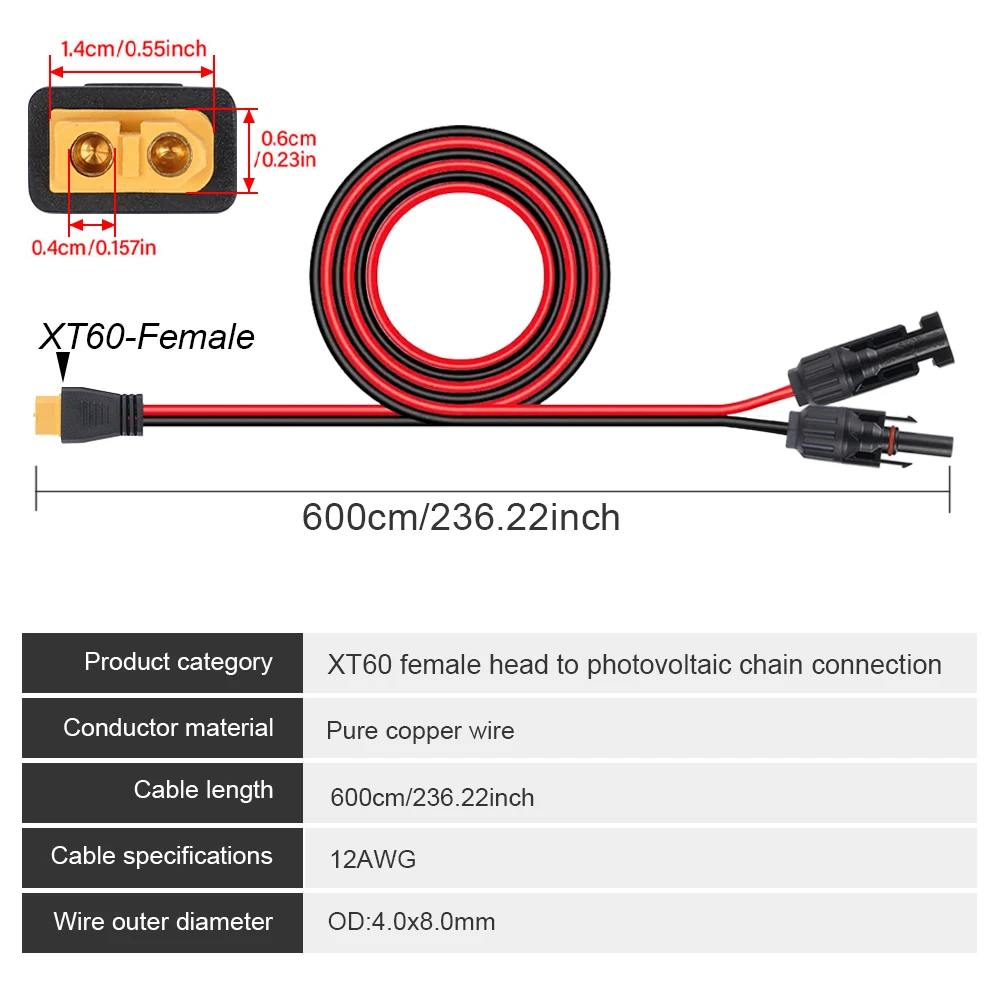 6M Solar Connector XT60I Adapter 12AWG Connect Panel Charge Cable Wire Waterproof For Solar Generator Portable Power Station