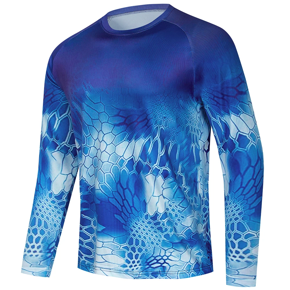Men Blue White Gradient Snake Scale Camo Long Sleeve Fishing Shirts Raglan Quick Dry Surf Rash Guard Tops