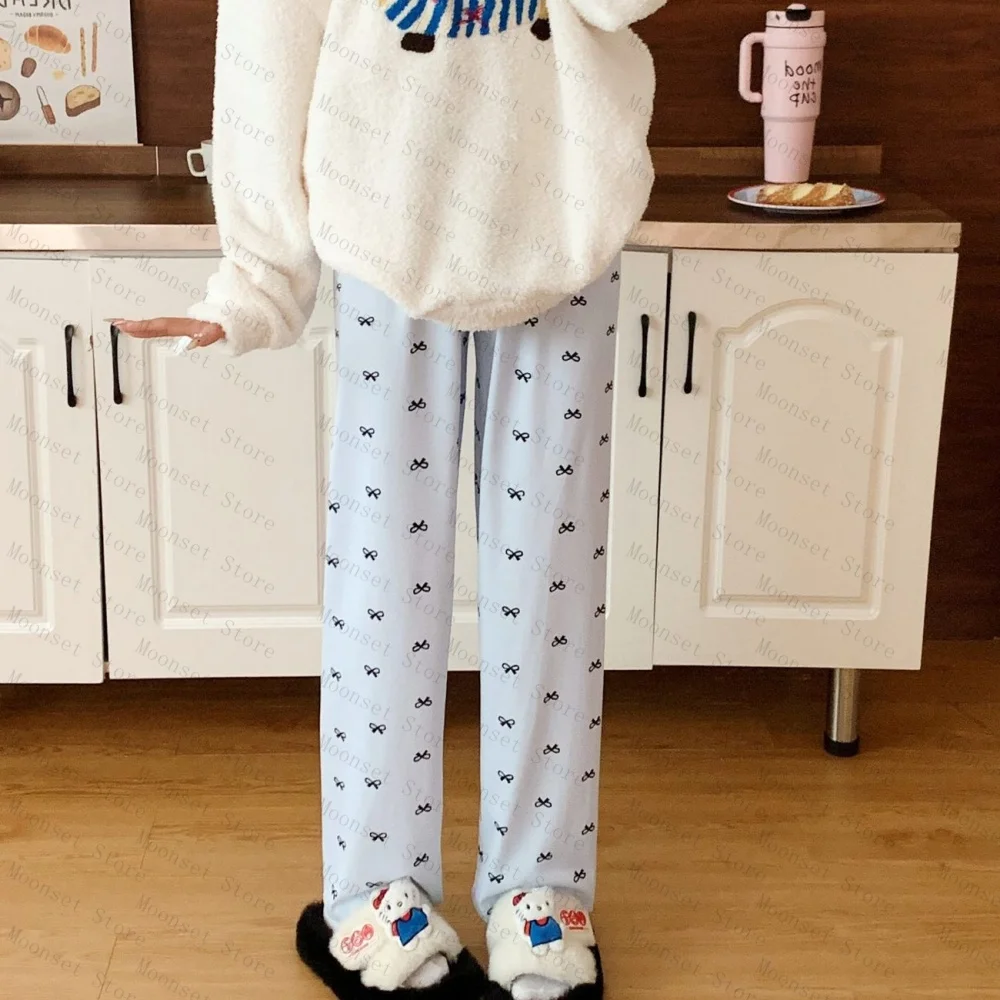 Calças femininas plus size e soltas para casa com laços e calças de pijama podem ser usadas como agasalhos em casa na primavera, outono e inverno