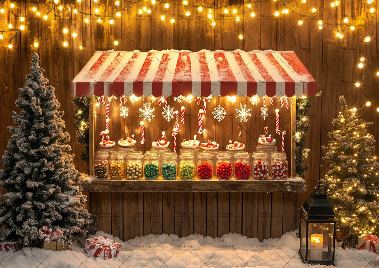 Winter Snow Candy Stall Christmas Photography Backdrop Red White Strip Awning Pine Tree Candy Jar Lantern Studio Decor Prop