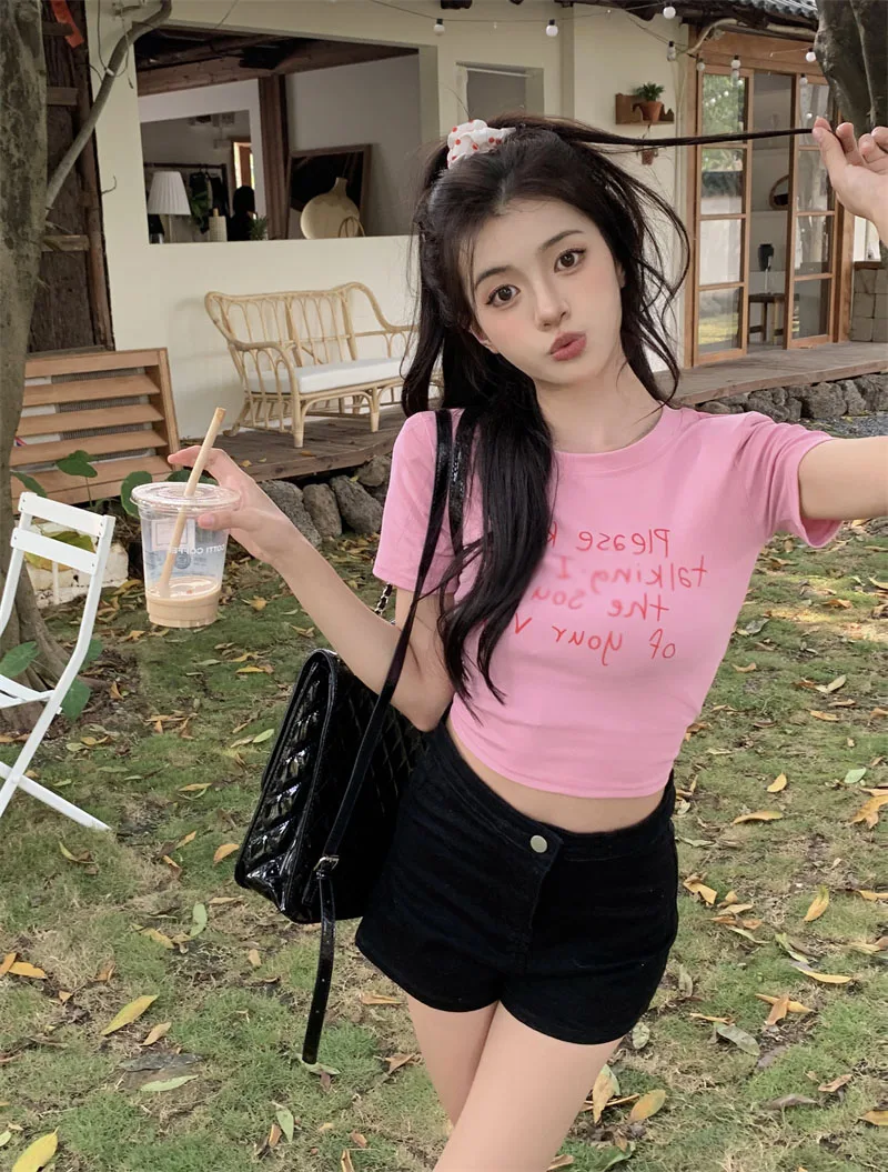 Pink Short Sleeve T-Shirt Women's 2023 Summer New Sweet And Spicy Style Printed Short Version Slim Fit Shoulder Level Top