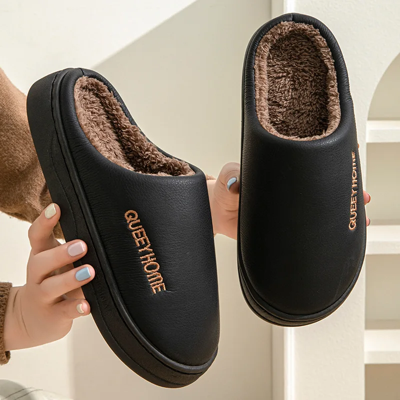 Men's Slippers Winter Big Size Indoor Waterproof PU Leather Home Cotton Shoes Fur Cotton Bedroom Houseshoes pantuflas hombre