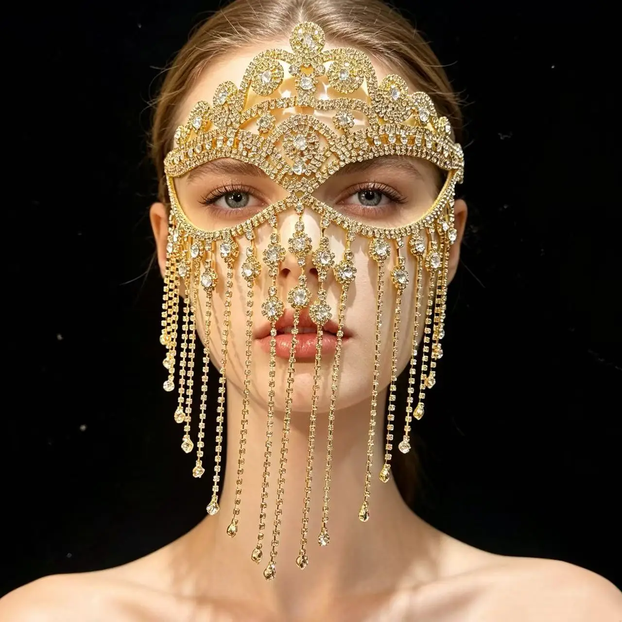 New Personalized Rhinestone Tassel Mask for Parties and Dances, Full Diamond Face Covering Curtain, Facial Accessories