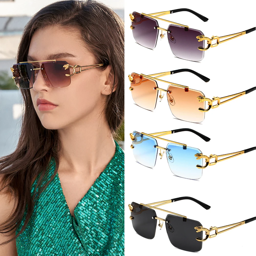 Neue große randlose quadratische Sonnenbrille, rechteckig, modisch, beliebt, für Damen und Herren, große Sonnenbrille, Metallrahmenbrille
