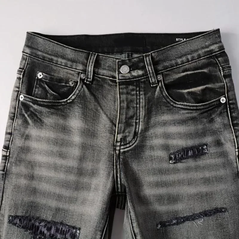 Top Quality High Street American Pur jeans Men Fashion distressed Repair Low Rise Skinny Denim pants