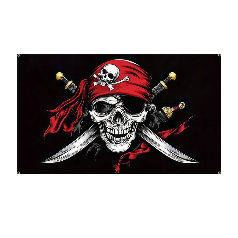 Grand drapeau pirate, noir avec crâne de pirate rouge et épées croisées, parfait pour les jardins, les dortoirs, les salons, les chambres à coucher