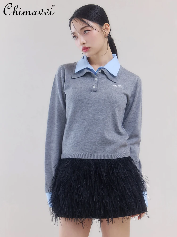 

Japanese Style Fashion Fake Two-piece Shirt Collar Pullover Long Sleeve Top Spring New Commuting Women's Elegant Knitted Sweater