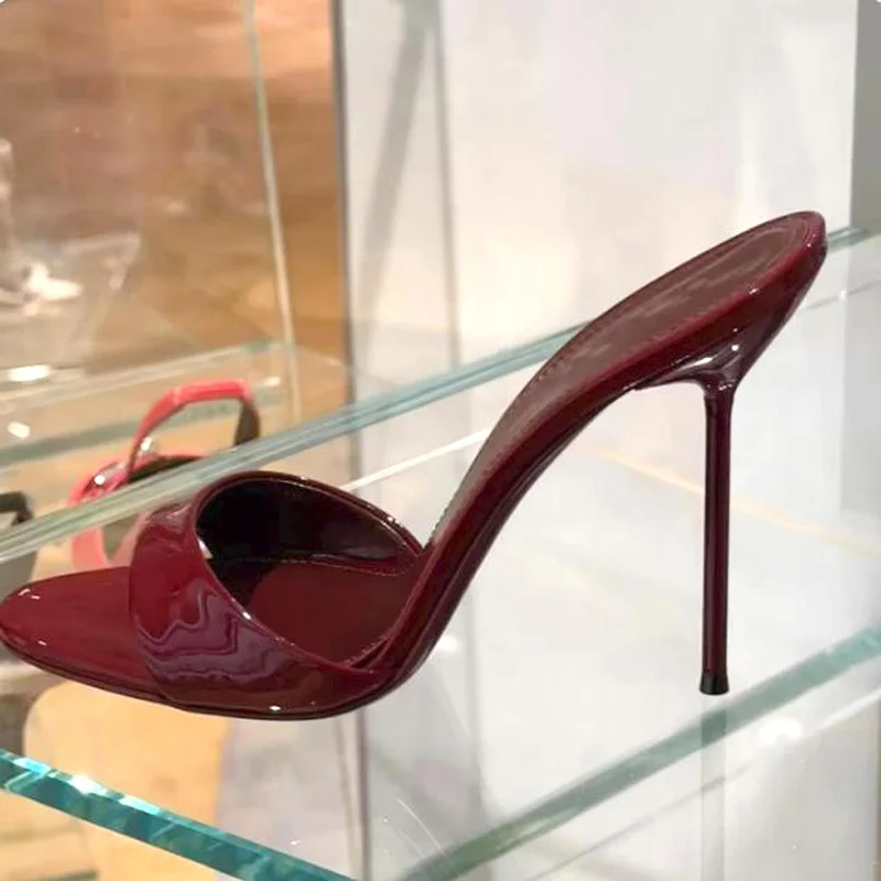 

Summer Brown Burgundy Patent Leather Super Thin High Heels Slipper Woman Round Peep Toe Slip On Slide Sandals