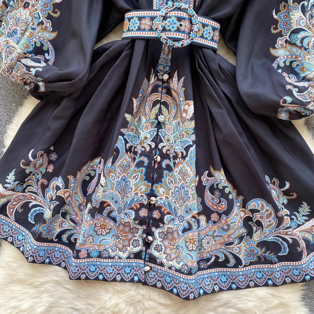 Neploe French Style Moda V Neck Puff Sleeve Belt Mujer Panelled High Waist Court Print Simple Dresses Sweet Slim Waist Vestidos