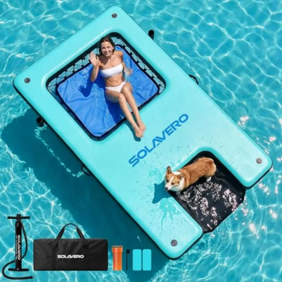 Inflatable Floating Dock for lake and pool use, heavy-duty PVC material, blue color, non-slip surface with water ramp, mesh ham