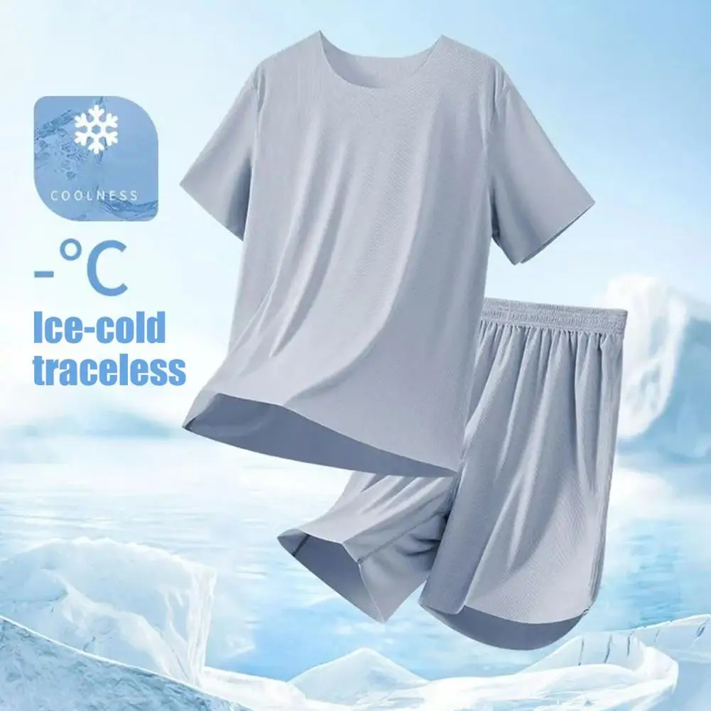 Casual Men Pajama Set Men's Pajamas Set 2pcs Ice Silk Breathable Loungewear Short Sleeve Round Neck Tops with Elastic Waist