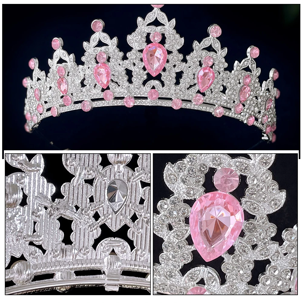 

Baroque Crown Headpiece Crystal Tiara Pink Purple Bridal Prom Birthday Quinceanera Rhinestone Accessories Non Fading Vibrant