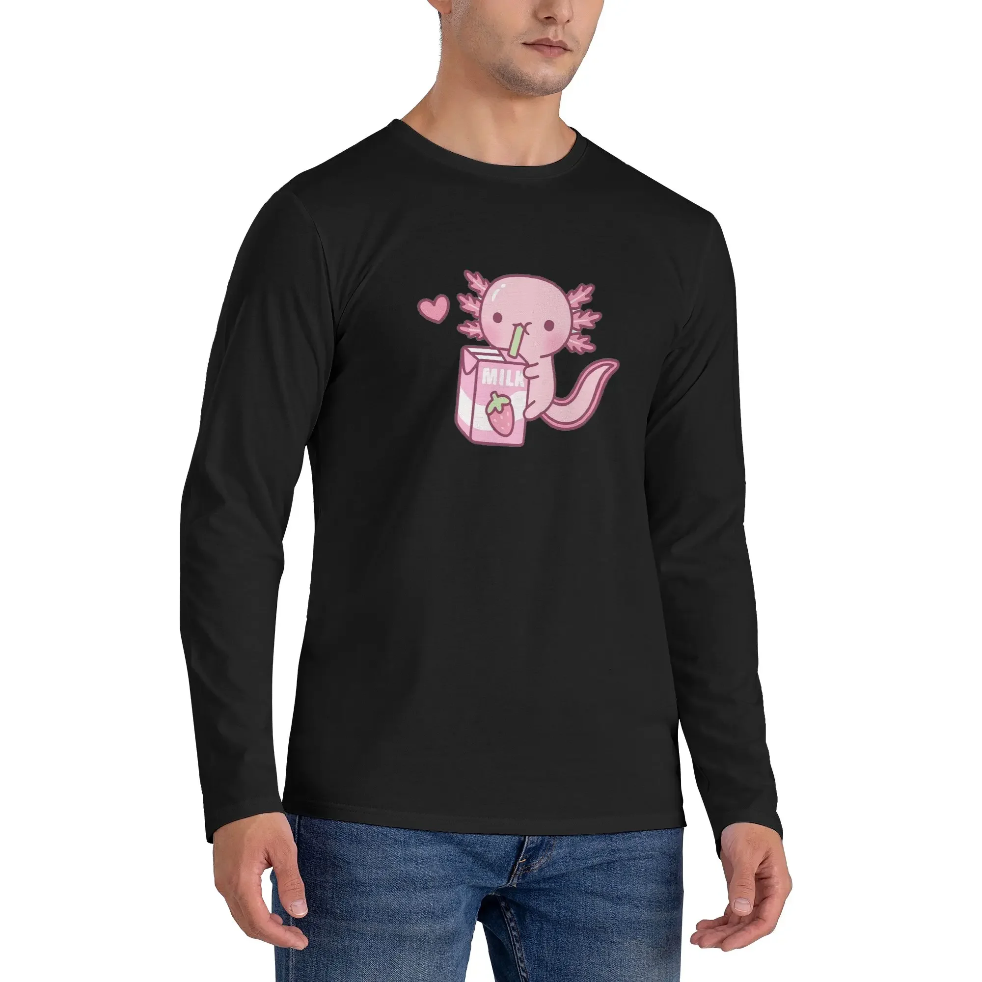 

Cute Axolotl Loves Strawberry Milk Doodle Men's Long Sleeved T-shirt Breathable Round Neck T shirts Spring and Autumn Men tops