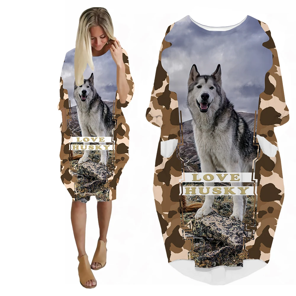 SONSPEE 3D Print Love Husky Women's Cool Dress Amazing Designs Long Sleeve Cute Pet dog Pocket Skirt Loose Camouflage Skirts