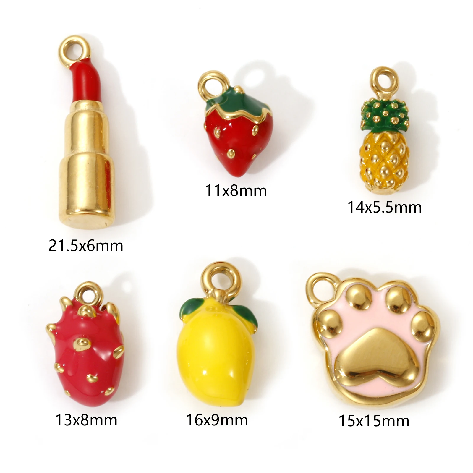 1 Piece 304 Stainless Steel Charms 18K Real Gold Plated Enamel Lipstick Strawberry Mango Pineapple Pendant Necklace DIY Making