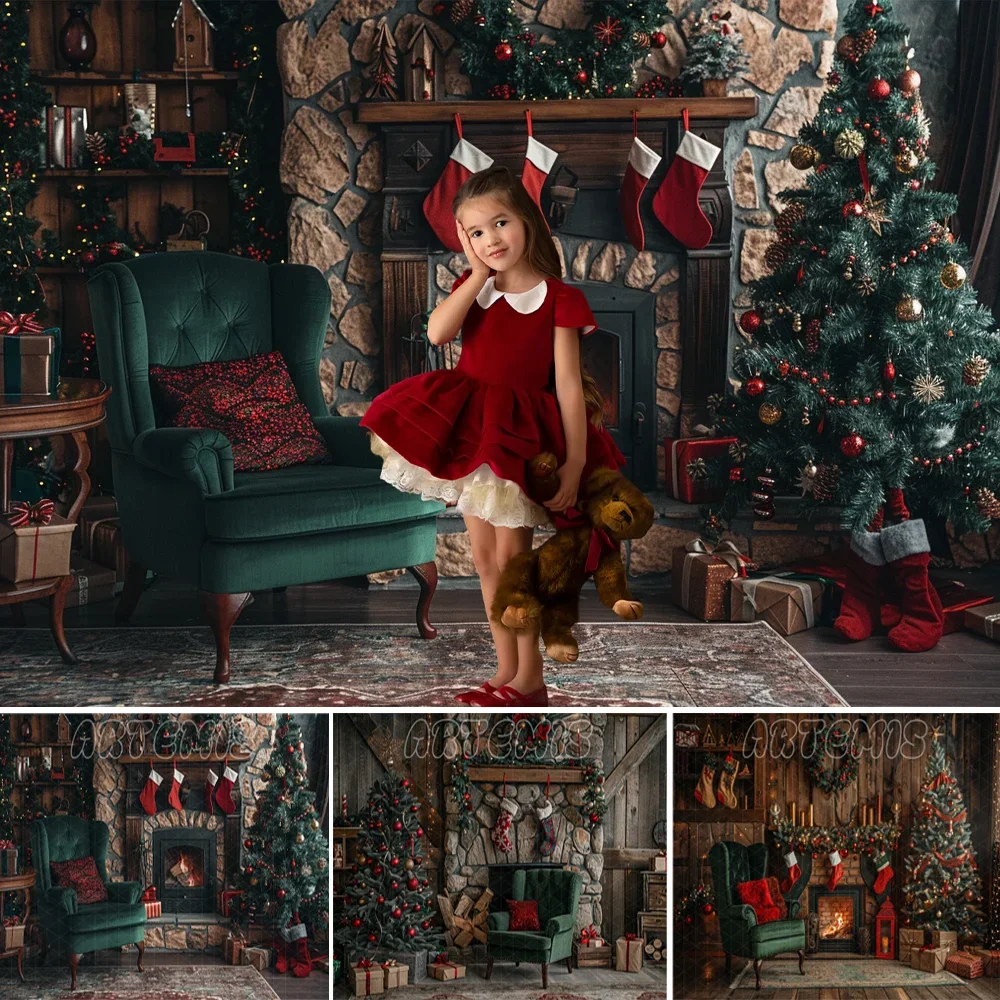 Christmas Winter Photography Fireplace Green Armchair Christmas Tree Red Garland Sock Backdrop Background Photo Studio Photocall