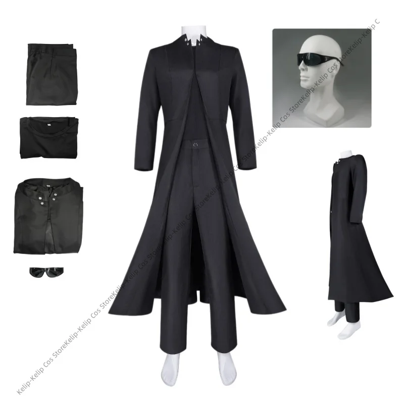 

Black Cyber Agent Cosplay Costume Long Trench Coat Stand Collar Gothic Windbreaker for Men Halloween Carnival Outfit