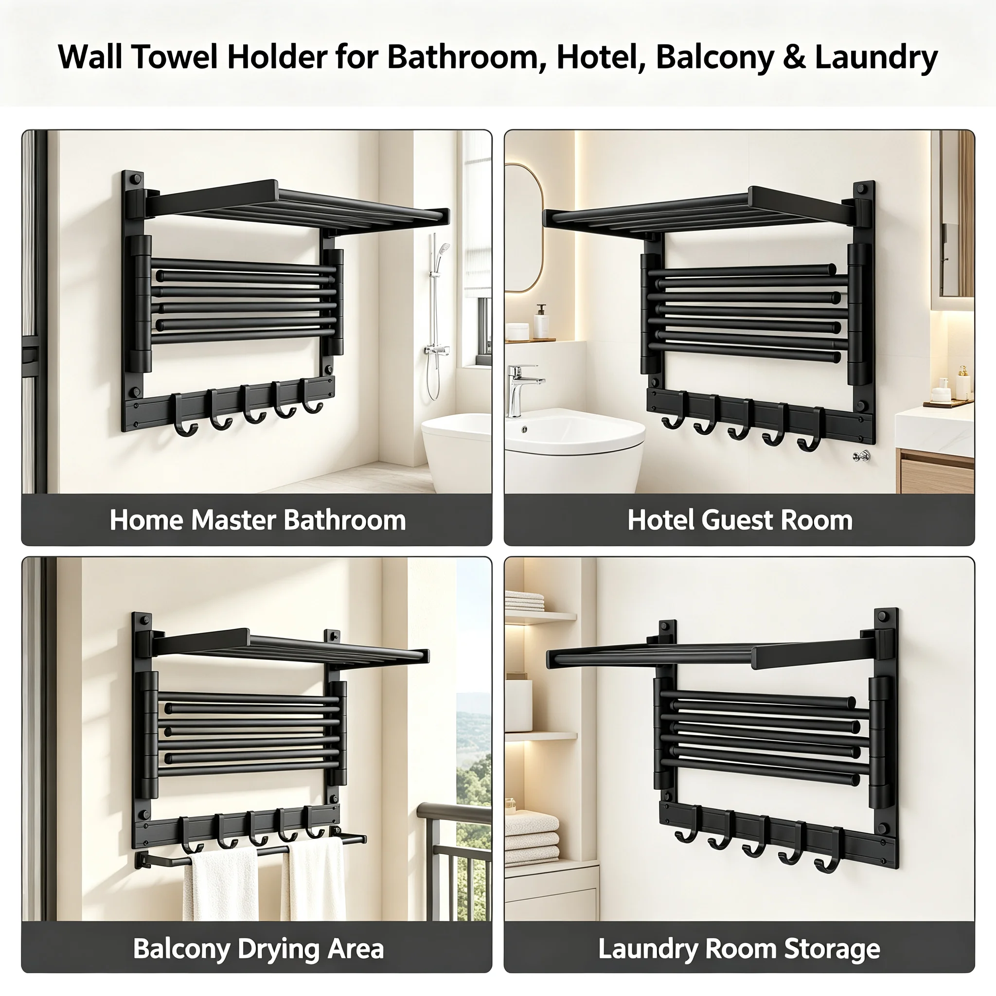 Bathroom Towel Shelf Wall Mounted Towel Rack with 7 Rotatable Rods & 5 Hooks, Foldable Space Aluminum Towel Holder Heavy Duty 44lbs for Bathroom Hotel Spa