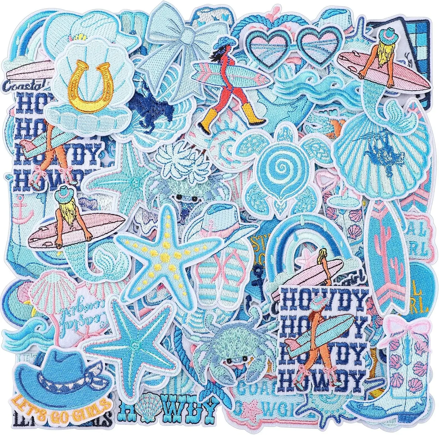 72 Pcs Coastal Cowgirl Iron on Patches Bulk Summer Ocean Embroidered Iron on Hat Patch Blue Beach Holiday Applique Sew on for Tr
