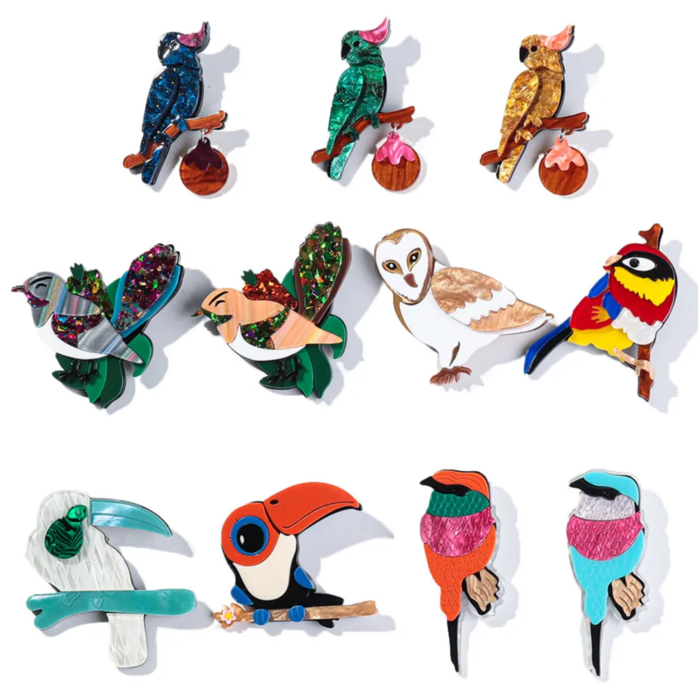 Cute Acrylic Cartoon Birds Parrot Brooch Set Lovely Animal Splicing Badge Pins Clothing Bag Jewelry Accessory Gits