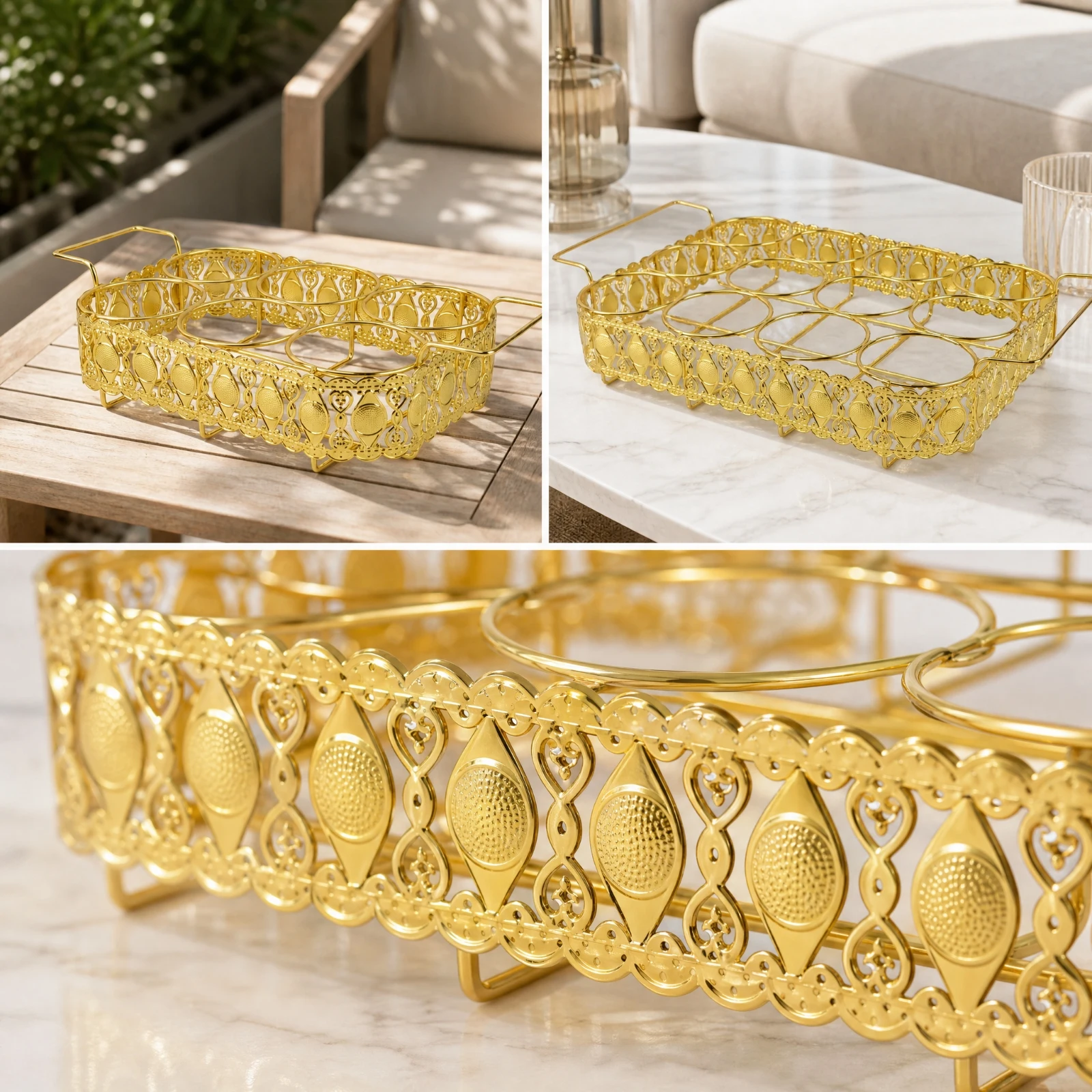 ornate-metal-beverage-serving-tray-with-raised-feet-and-built-in-can-holder-for-bar-counter-use